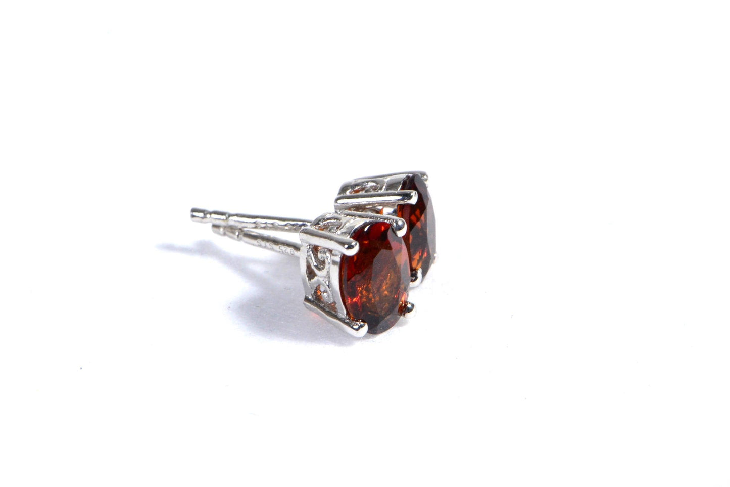Natural Red Garnet  Stud Earrings Wire  Rhodium Over Sterling Silver Birthstone January