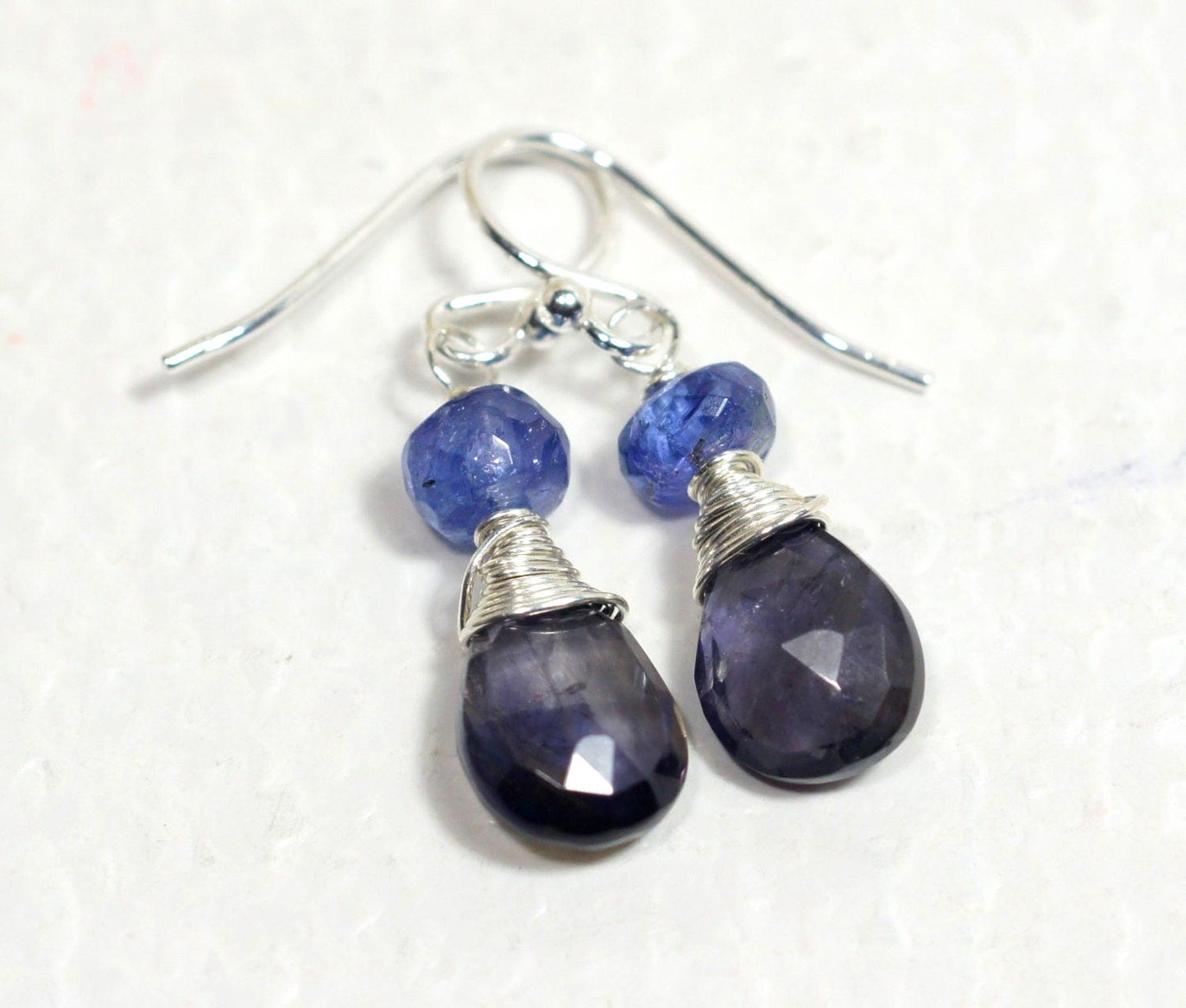 Handmade Tanzanite and Iolite Teardrop Earrings Multi Stone Gemstone Earrings Wire Wrapped Sterling Silver