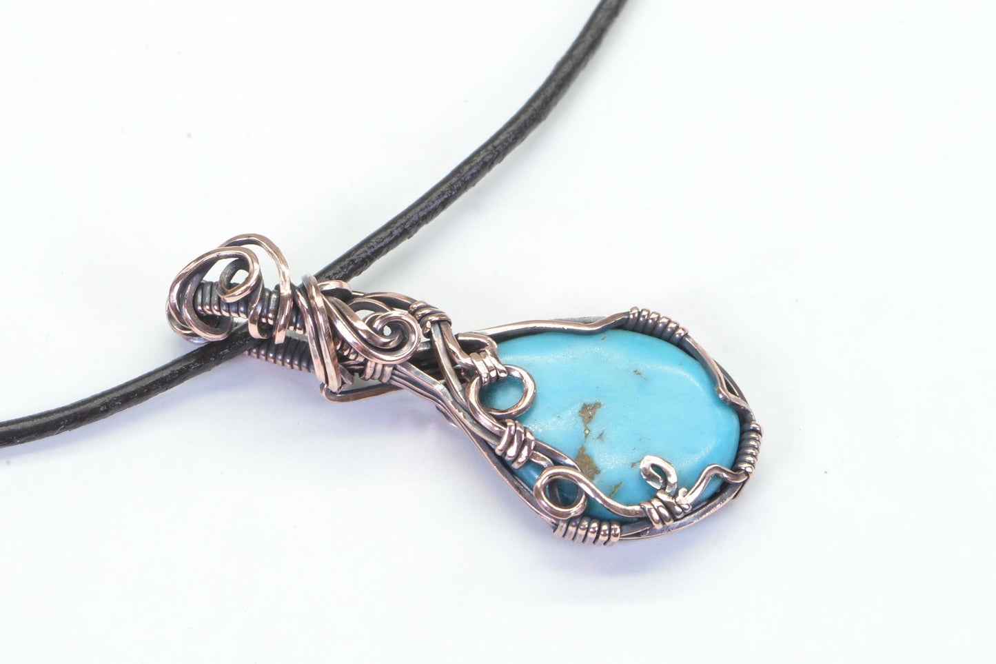 Kingman Turquoise Teardrop Pendant – Patina Copper Wire Wrapped Necklace