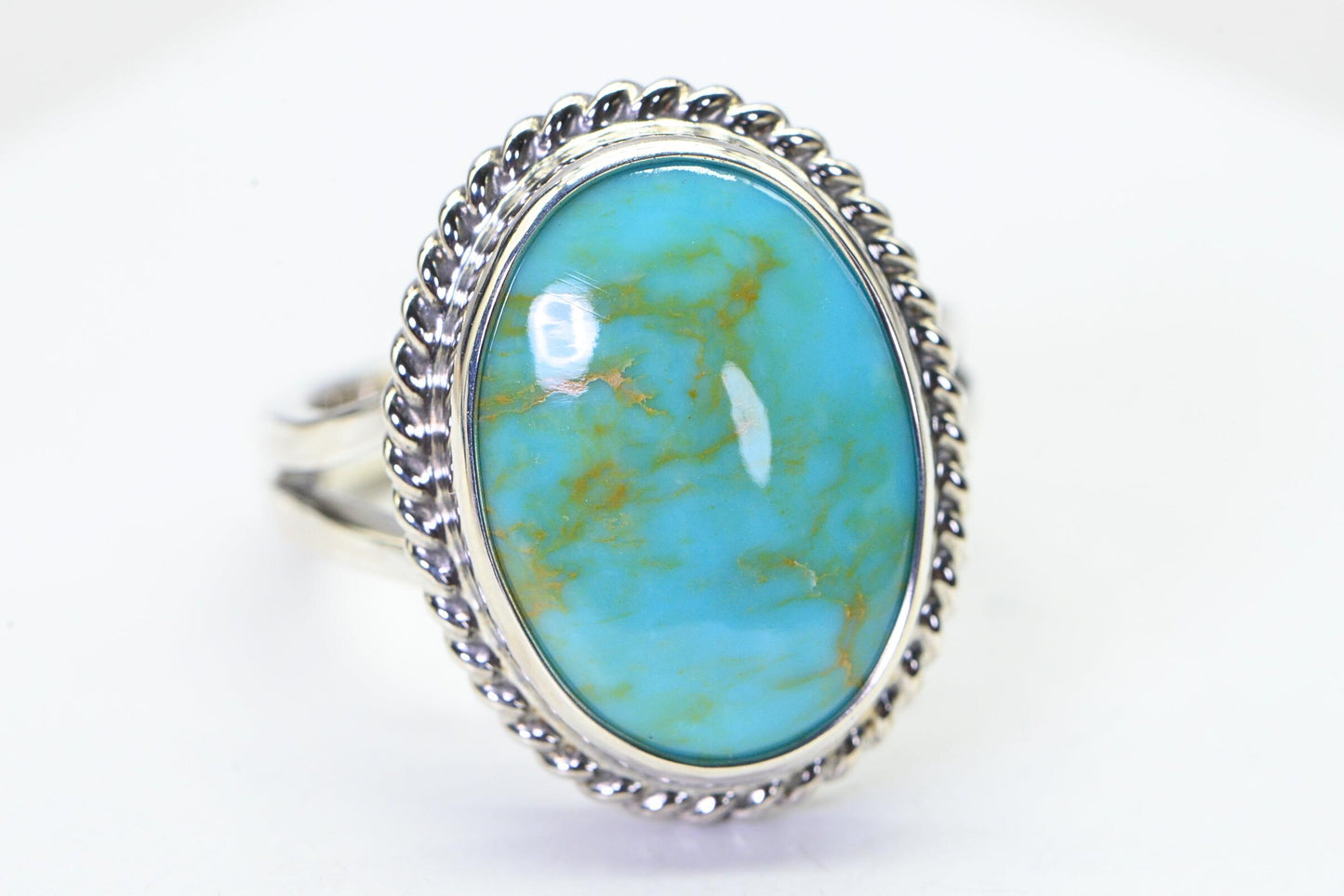 Kingman Turquoise Sterling Silver Ring: Oval Solitaire Statement