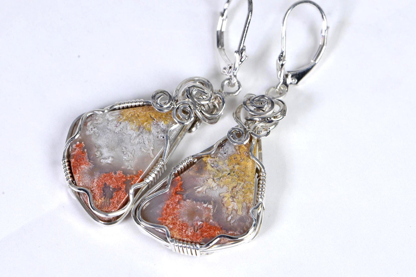 Handmade Sterling Silver Wire Wrapped Crazy Lace Agate Earrings