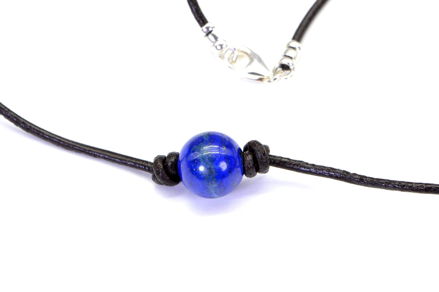Lapis Lazuli Choker Necklace Single Bead On Leather Cord Gemstone Western Style Jewelry