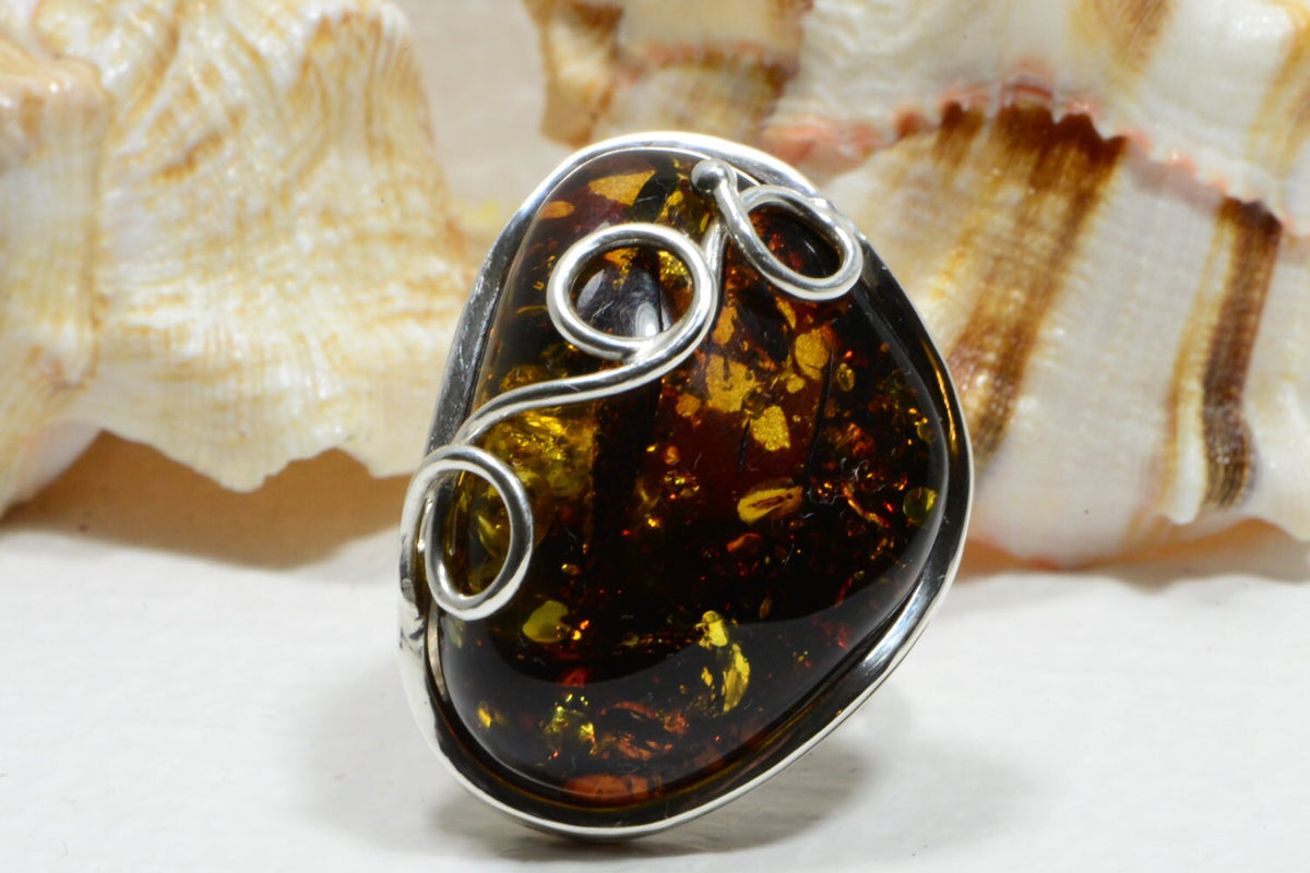 Baltic Amber Ring: Sterling Silver Gemstone Jewelry, Large Bold Ring Dark Honey Amber