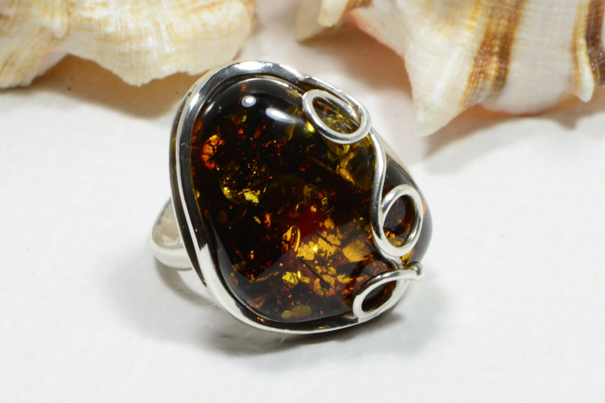 Baltic Amber Ring: Sterling Silver Gemstone Jewelry, Large Bold Ring Dark Honey Amber