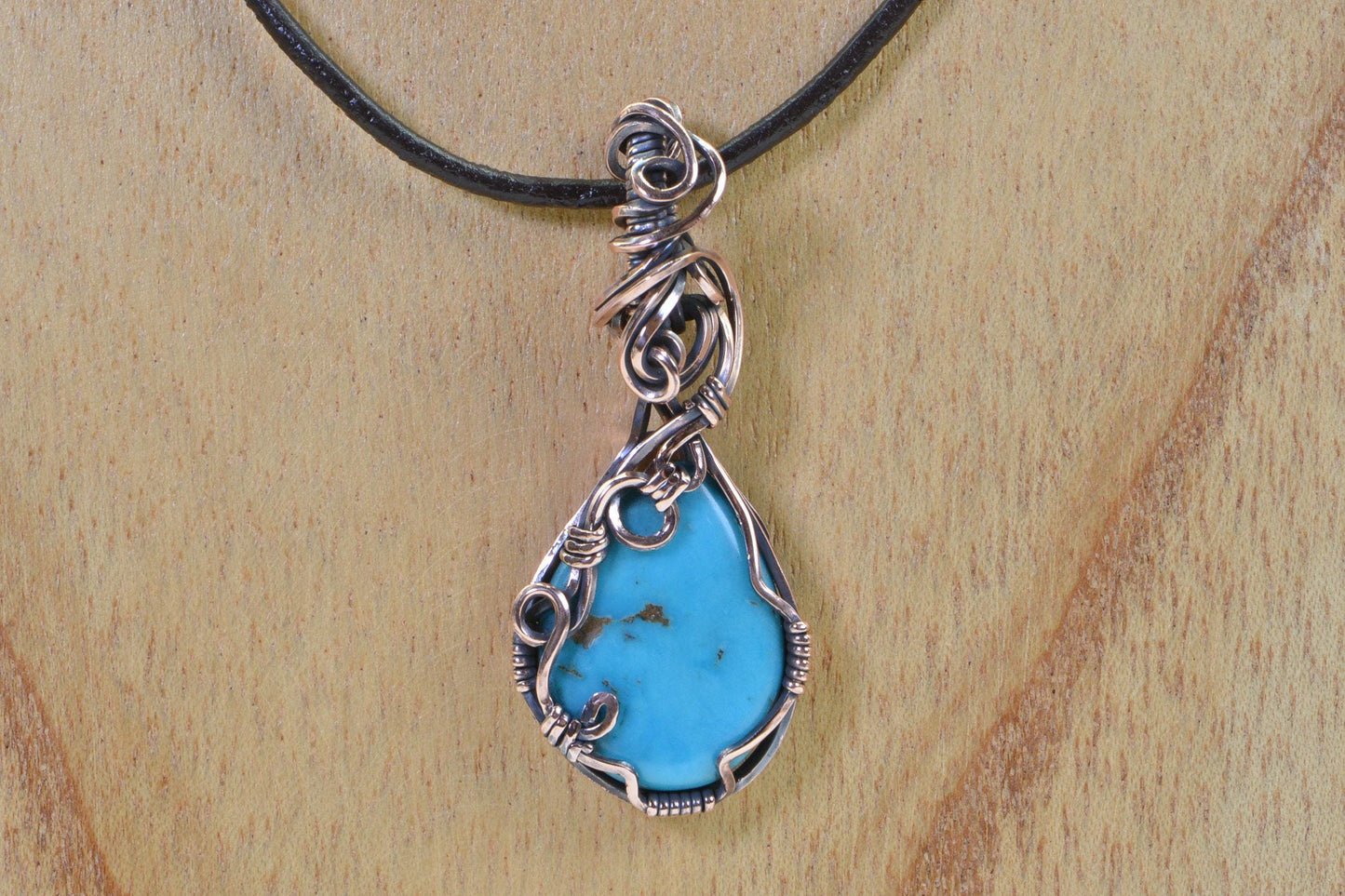 Kingman Turquoise Teardrop Pendant – Patina Copper Wire Wrapped Necklace