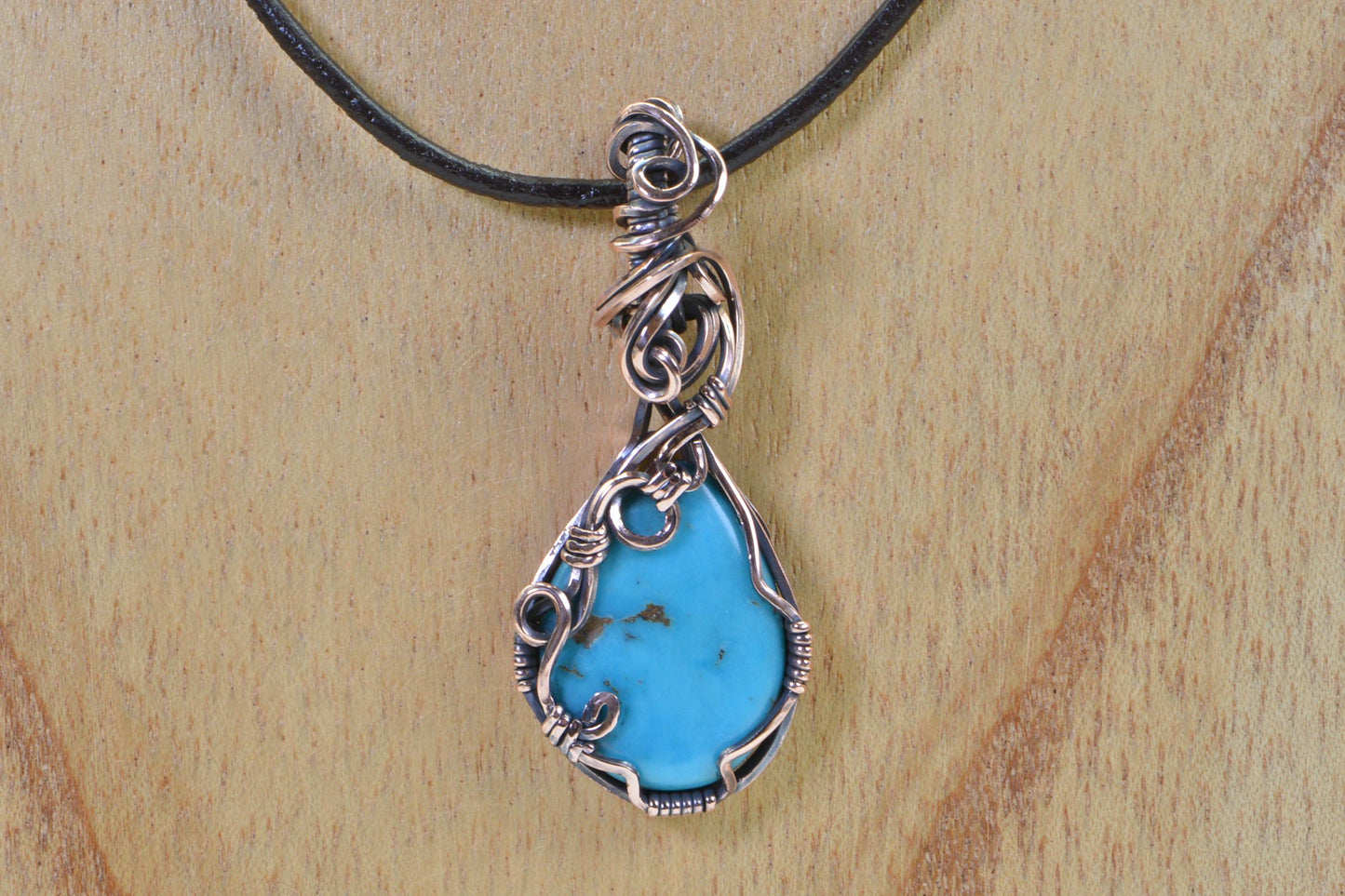 Kingman Turquoise Teardrop Pendant – Patina Copper Wire Wrapped Necklace