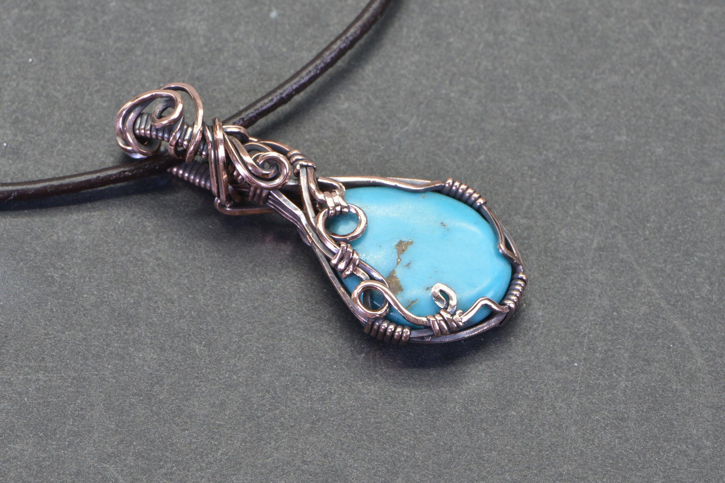 Kingman Turquoise Teardrop Pendant – Patina Copper Wire Wrapped Necklace