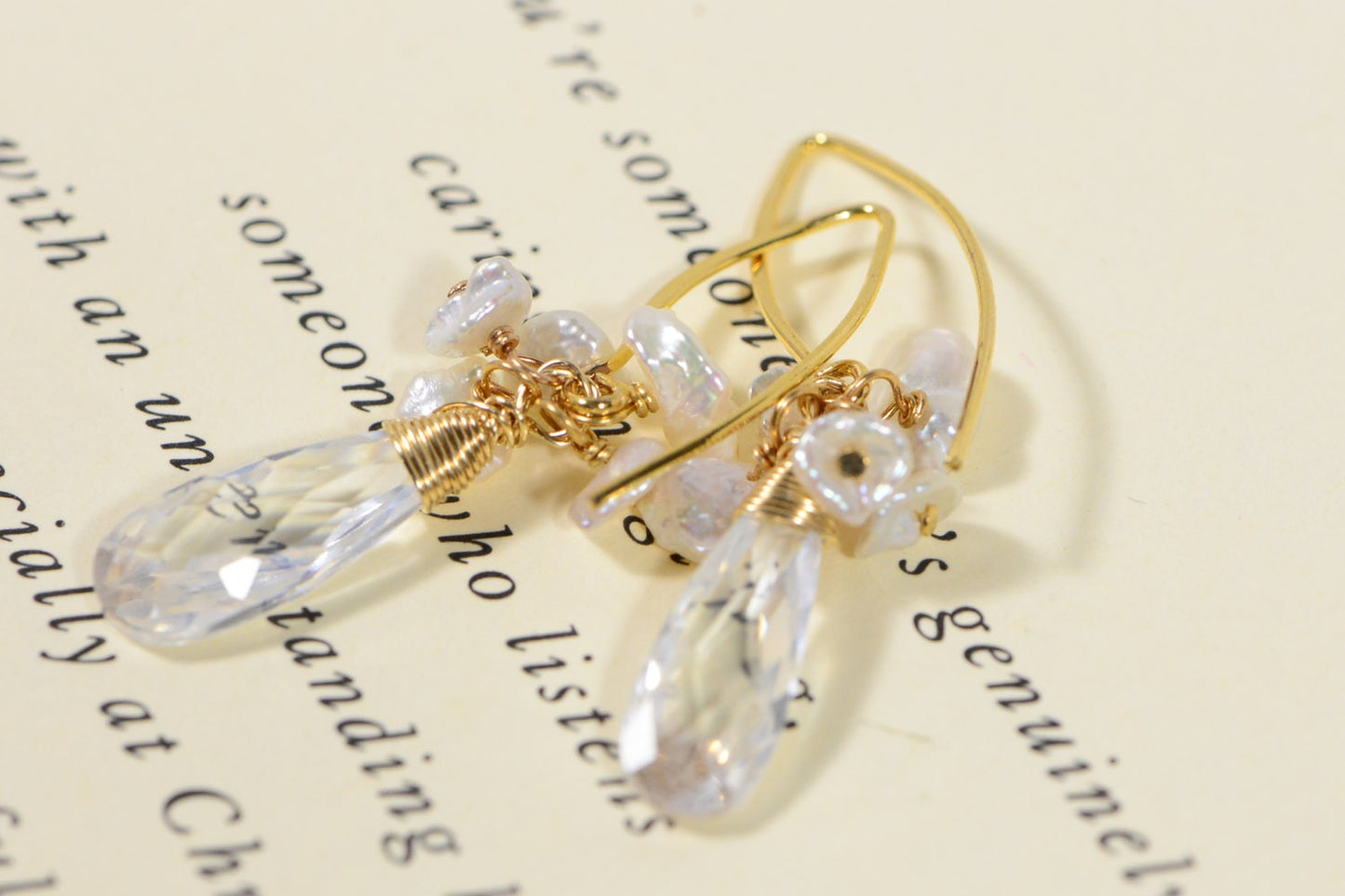 Teardrop Cubic Zirconia Earrings, Keishi Pearl, 14K Gold Filled