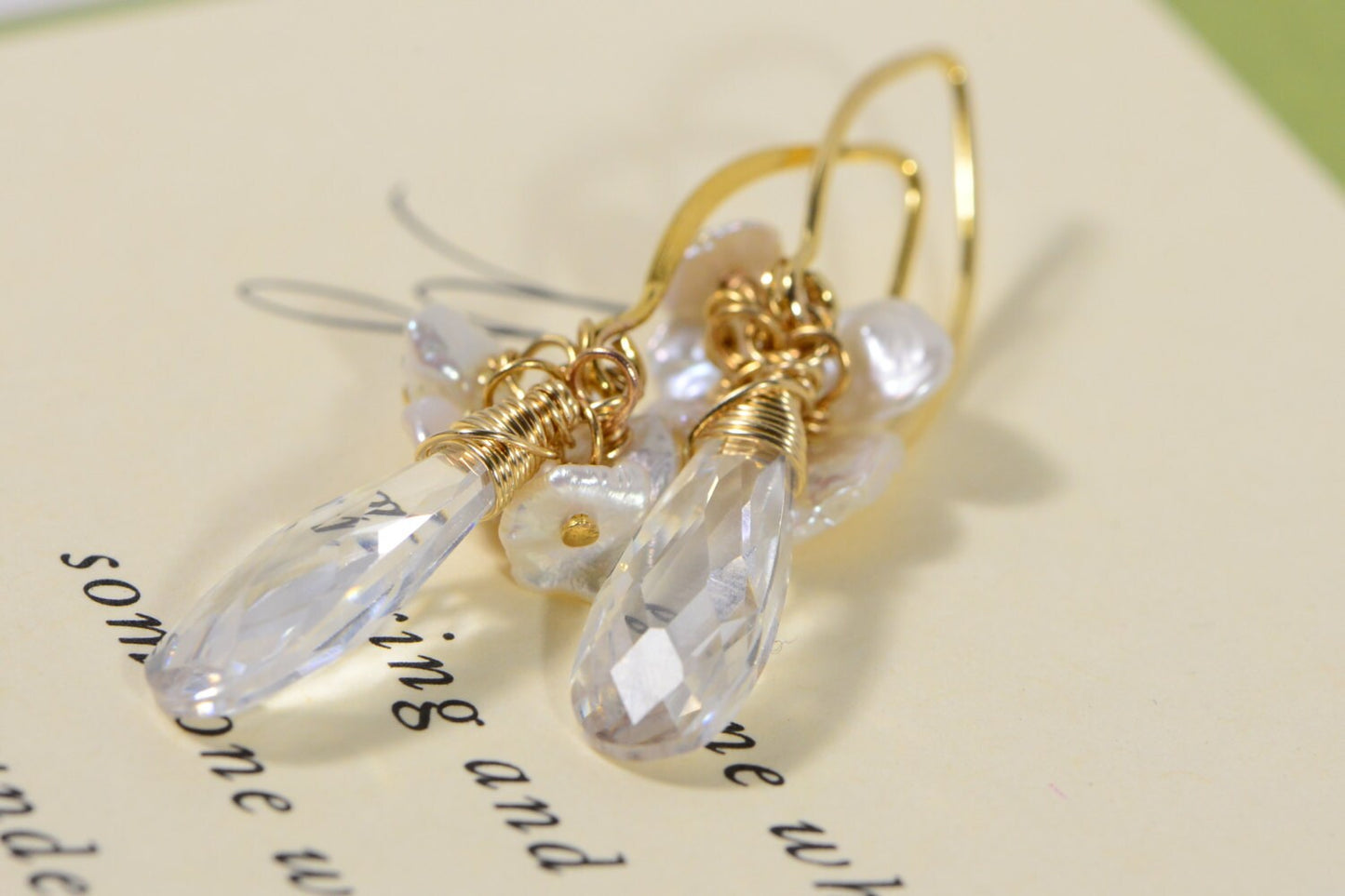 Teardrop Cubic Zirconia Earrings, Keishi Pearl, 14K Gold Filled