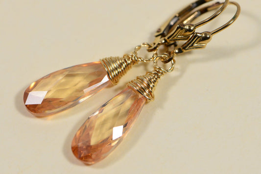 14K Gold Filled Teardrop Earrings, Crystal Wire Wrapped Zircone