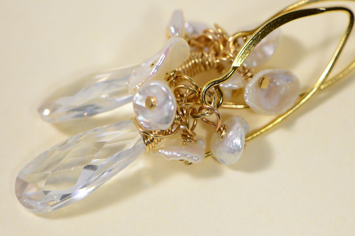 Teardrop Cubic Zirconia Earrings, Keishi Pearl, 14K Gold Filled