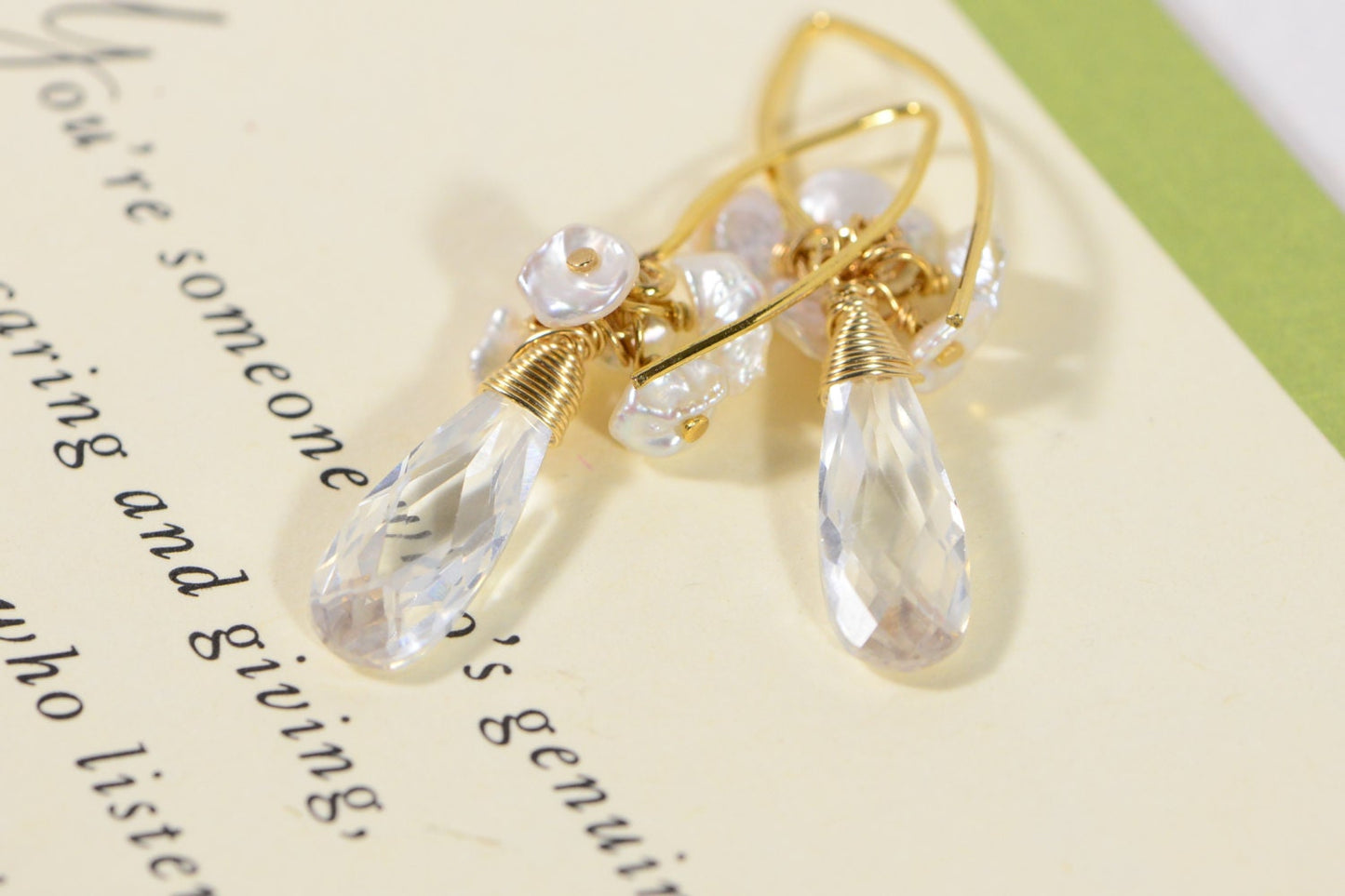 Teardrop Cubic Zirconia Earrings, Keishi Pearl, 14K Gold Filled