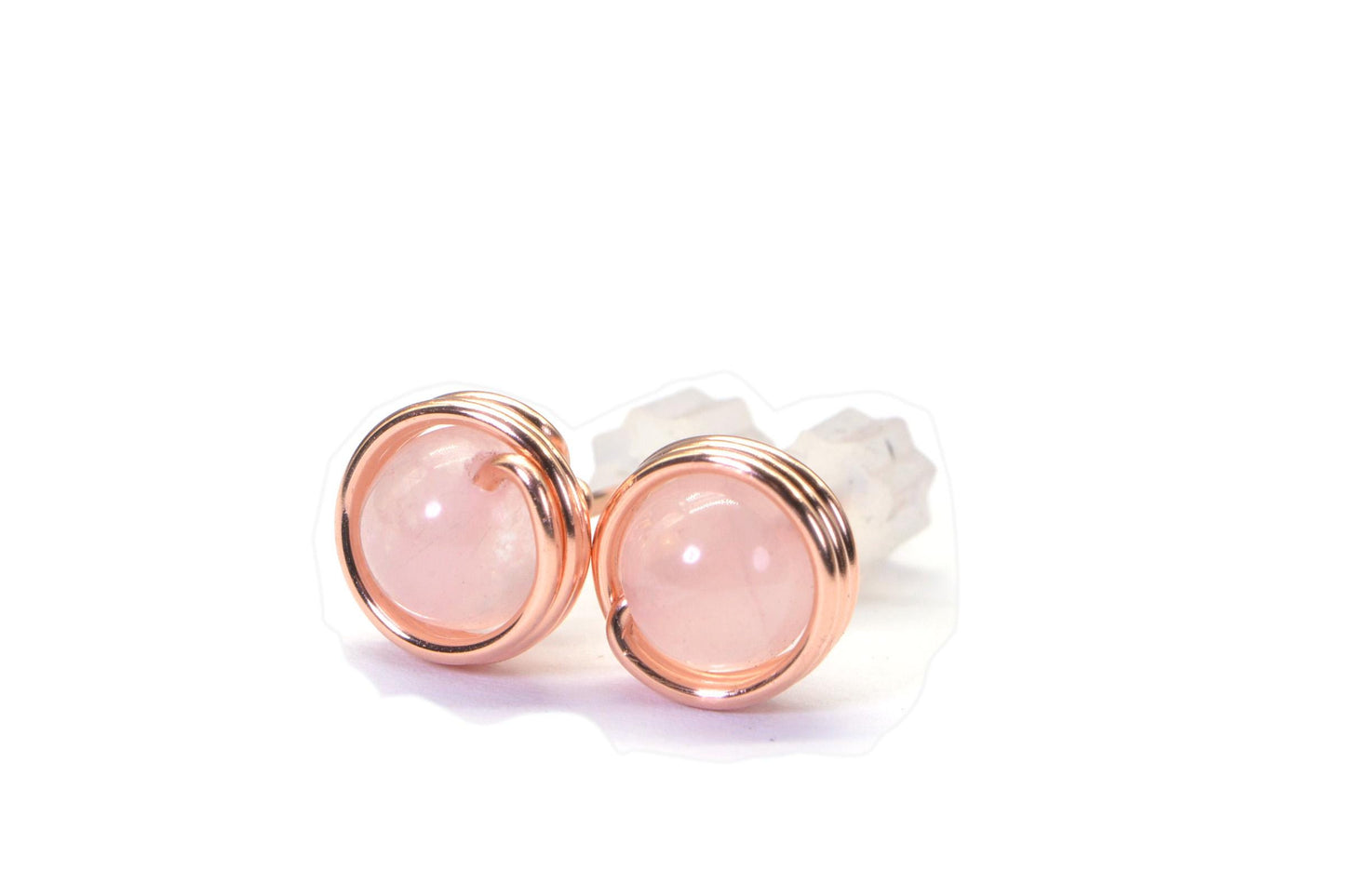 Handmade Copper Wire Wrapped Rose Quartz Stud Earrings