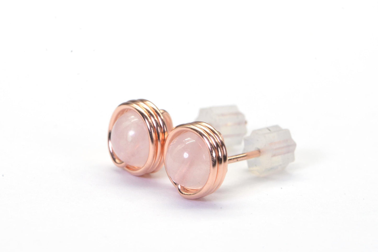 Handmade Copper Wire Wrapped Rose Quartz Stud Earrings