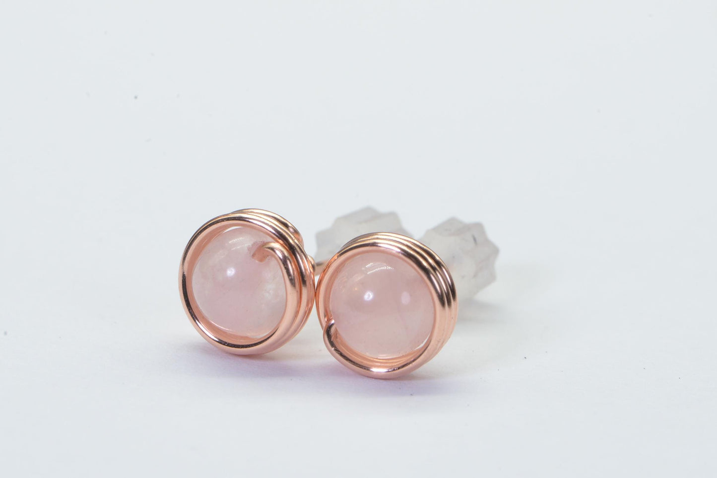 Handmade Copper Wire Wrapped Rose Quartz Stud Earrings