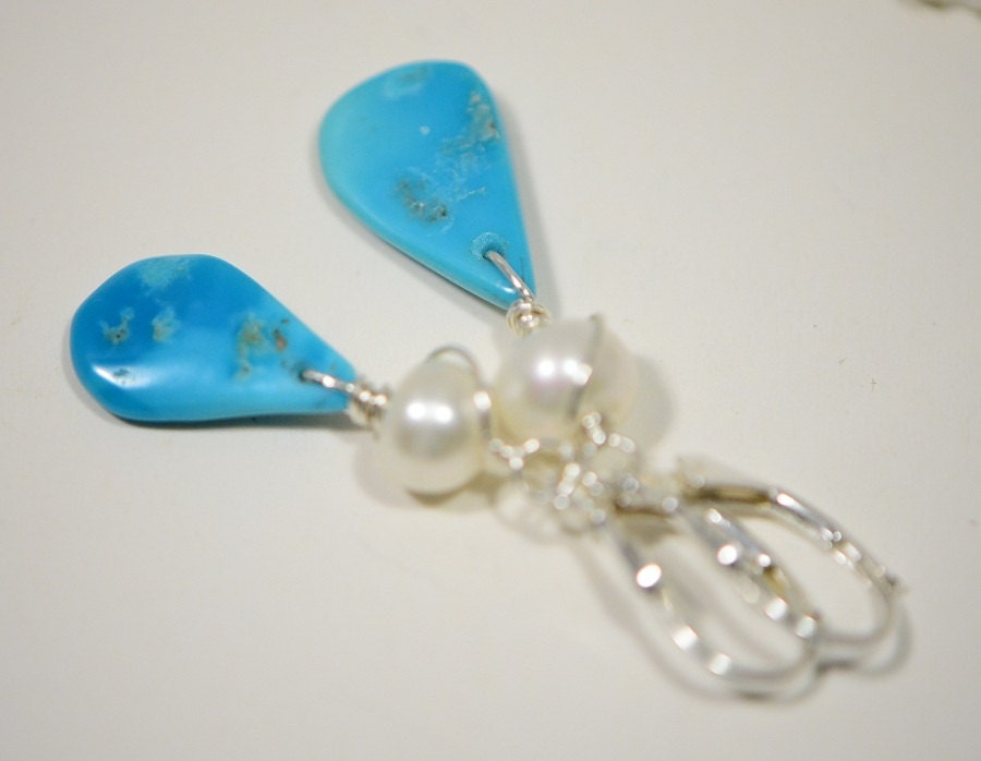 Sleeping Beauty Turquoise Earrings, Sterling Silver, Freshwater Pearl Drops