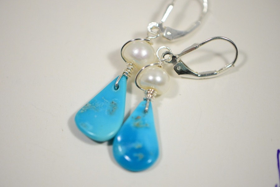 Sleeping Beauty Turquoise Earrings, Sterling Silver, Freshwater Pearl Drops