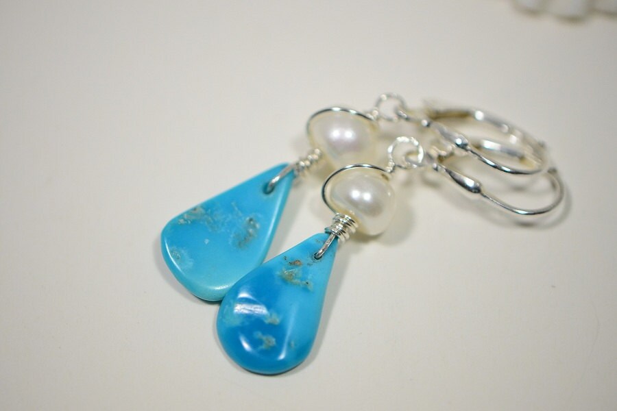Sleeping Beauty Turquoise Earrings, Sterling Silver, Freshwater Pearl Drops