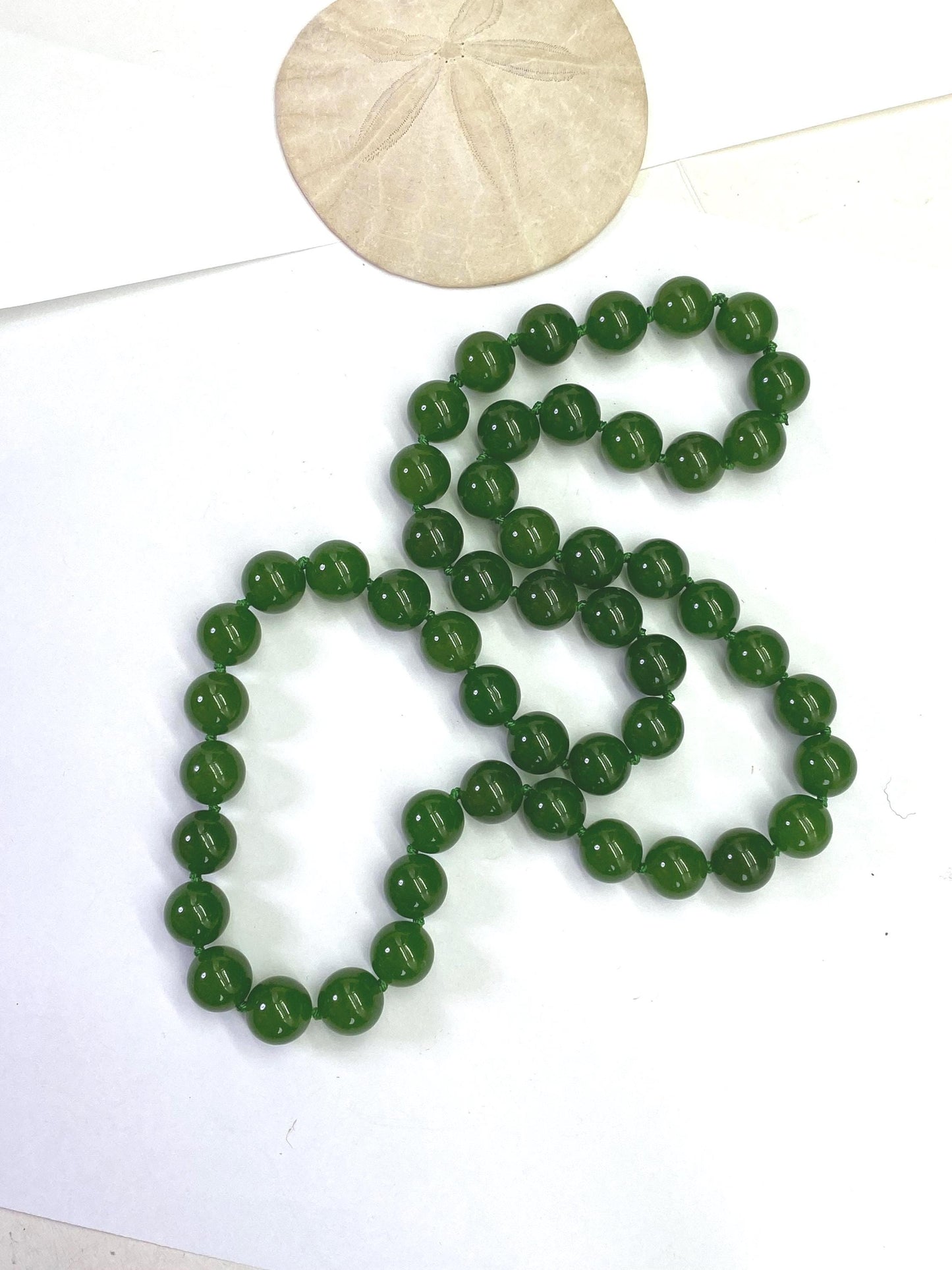 Hand-Knotted Green Jade Mala Necklace: Burma Gemstone, 26 inch 8mm Stones