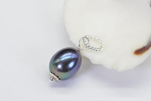 Peacock Black Pearl Pendant: Sterling Silver Wire Wrapped Charm