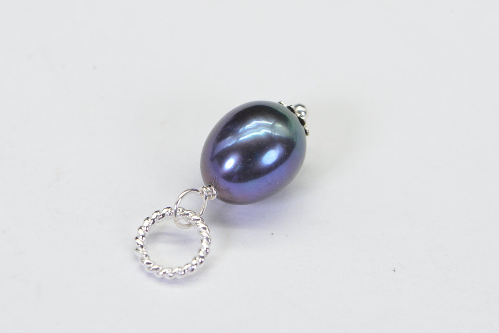 Peacock Black Pearl Pendant: Sterling Silver Wire Wrapped Charm