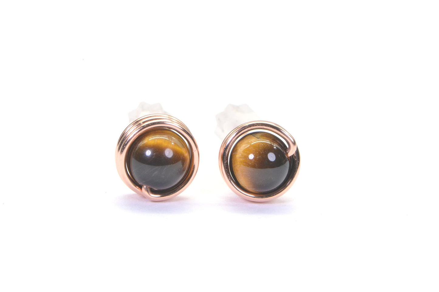 Tiger Eyes Stud Earrings: Handmade Copper Wire Wrapped Gemstone