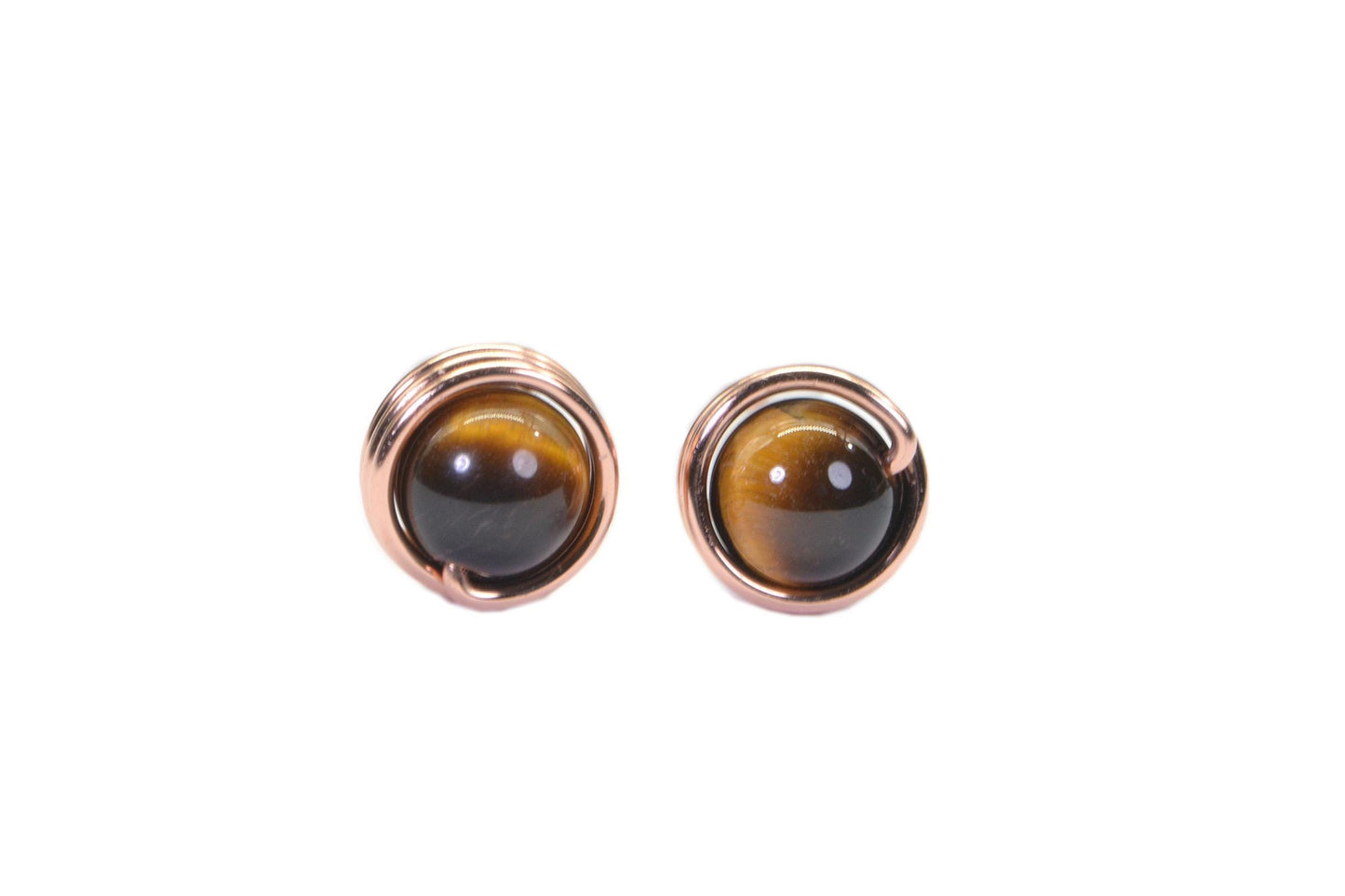 Tiger Eyes Stud Earrings: Handmade Copper Wire Wrapped Gemstone