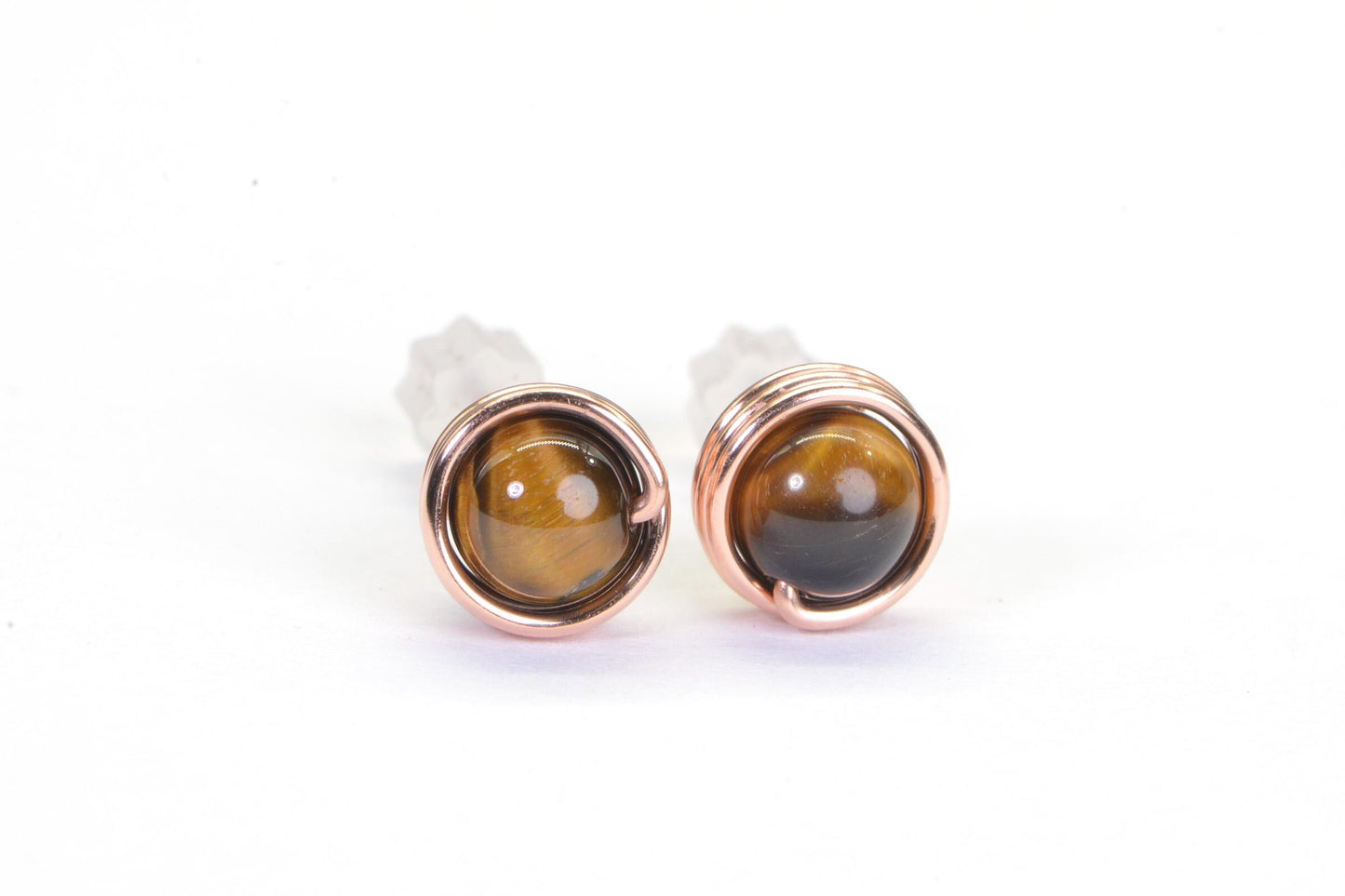 Tiger Eyes Stud Earrings: Handmade Copper Wire Wrapped Gemstone