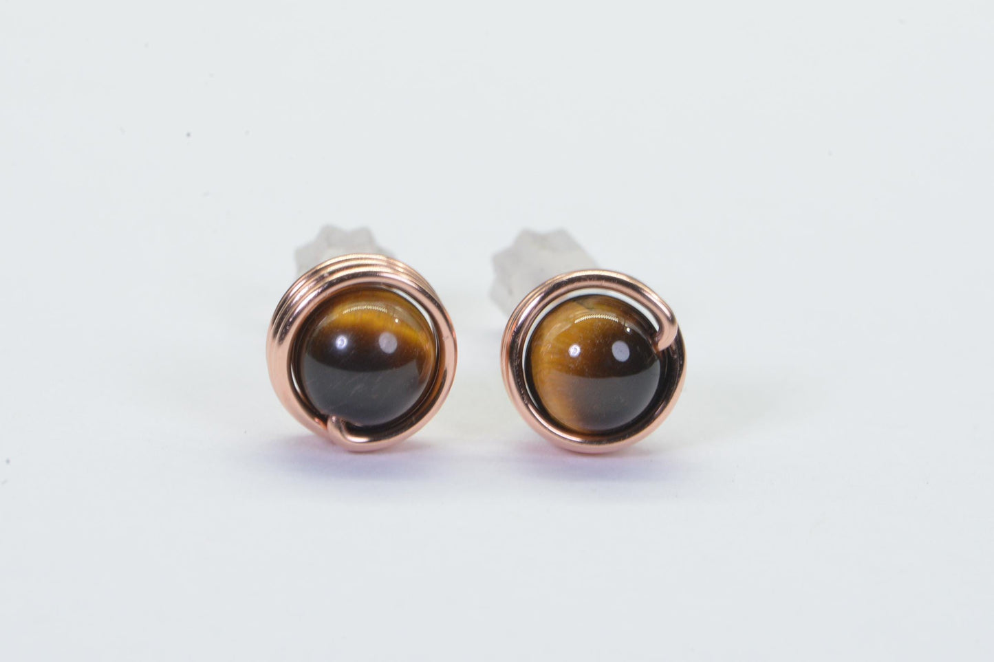 Tiger Eyes Stud Earrings: Handmade Copper Wire Wrapped Gemstone