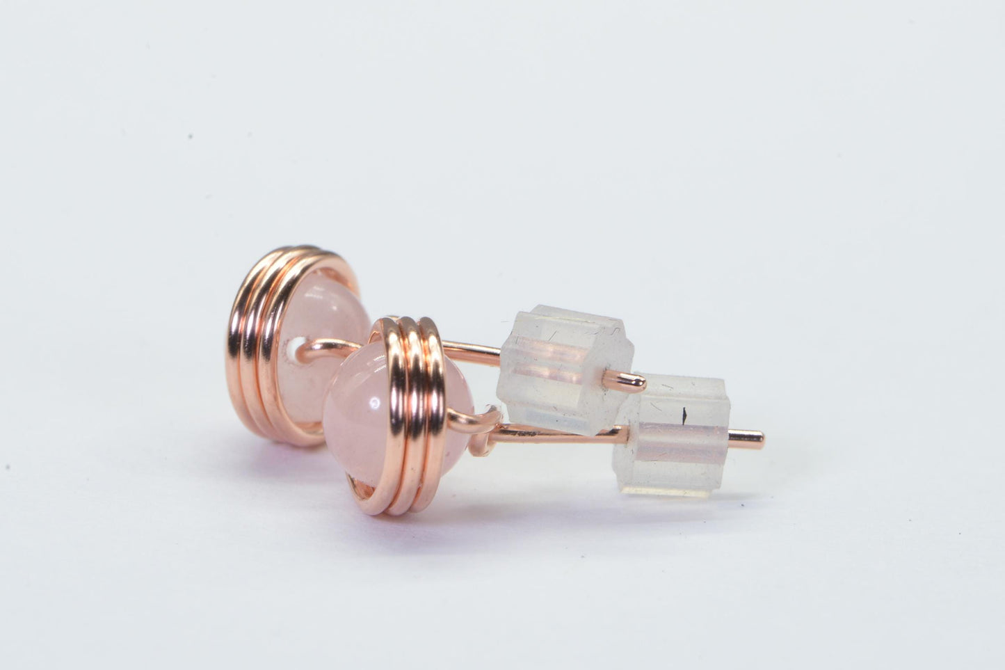 Handmade Copper Wire Wrapped Rose Quartz Stud Earrings