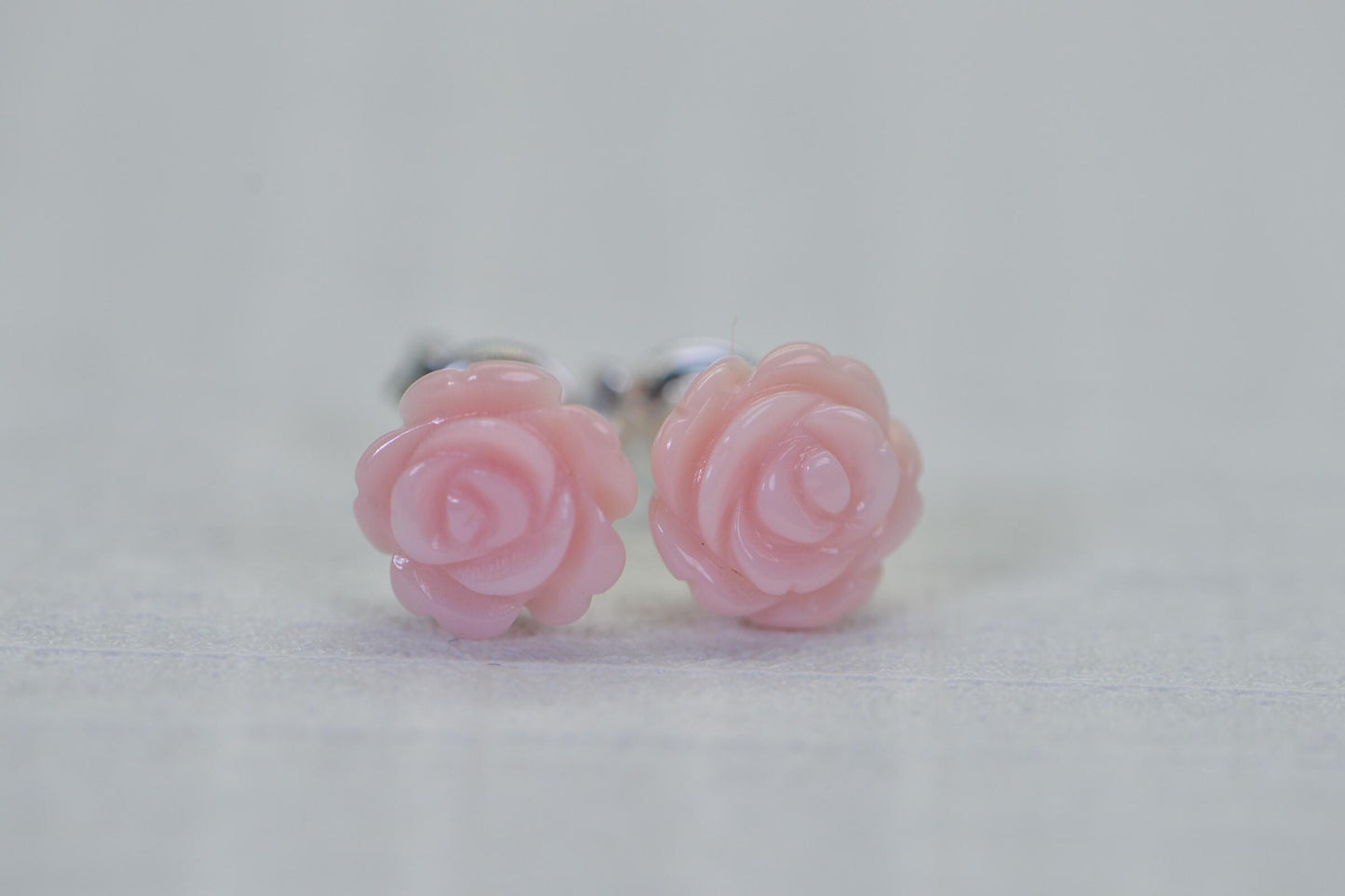 Carved Pink Conch Rose Stud Earrings: 14K Gold Filled, 8mm Flower