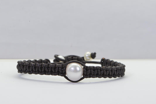 Natural Japanese Saltwater Pearl Woven Leather Cord Bracelet , Adjustable Shamballa Style