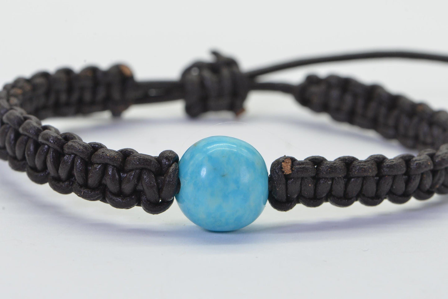 Kingman Turquoise Macrame Bracelet: Adjustable Leather Cord, Healing Crystal
