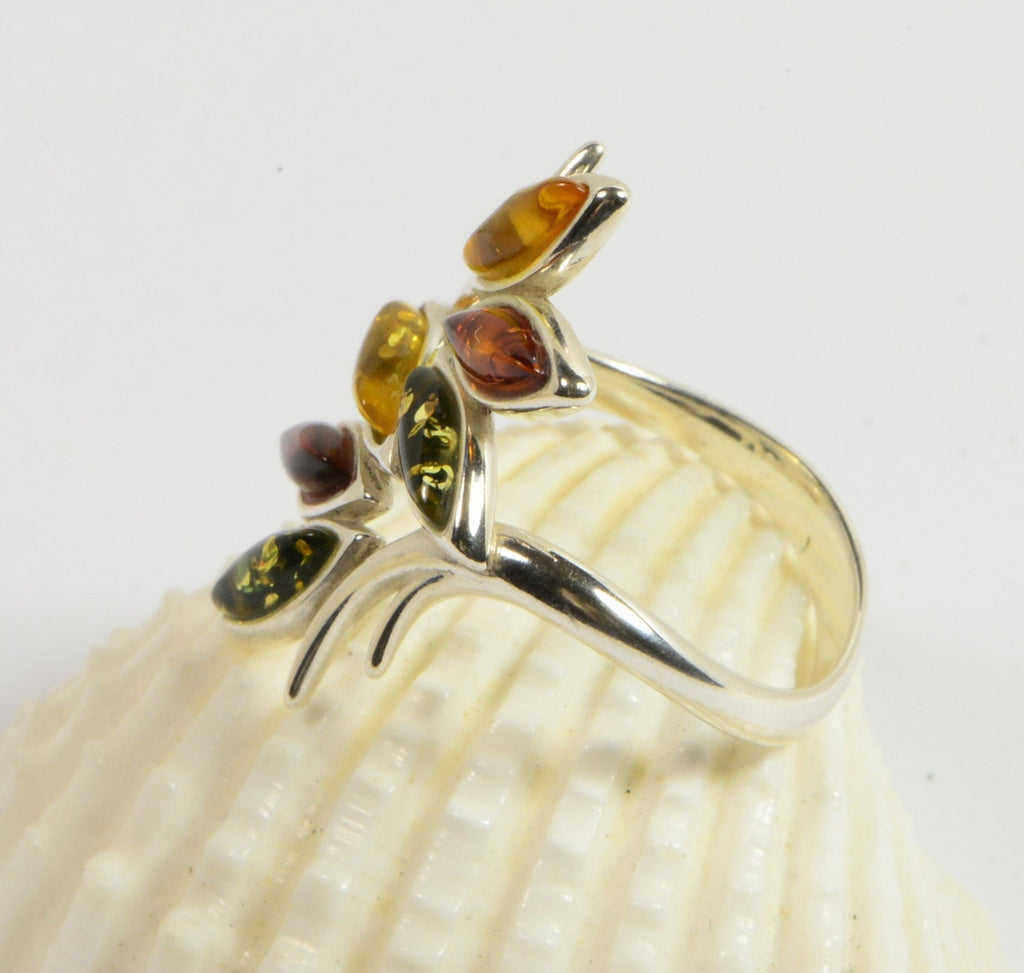 Baltic Amber Sterling Silver Ring - Leaf Marquise Gemstone, Size 9