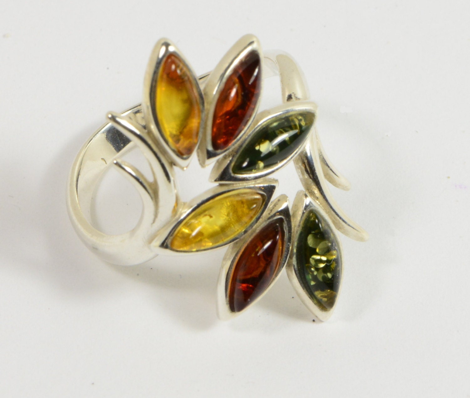 Baltic Amber Sterling Silver Ring - Leaf Marquise Gemstone, Size 9