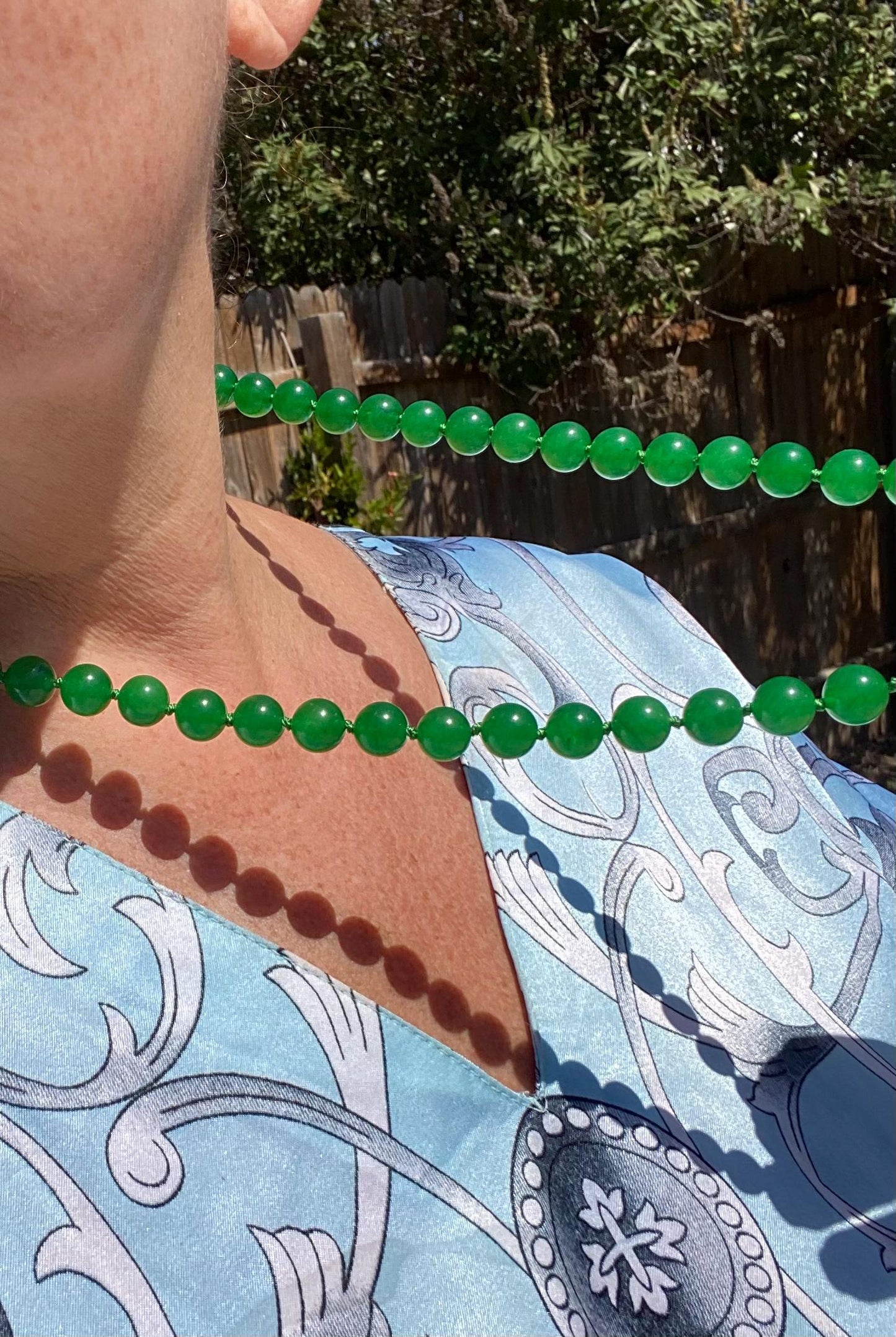 Apple Green Jadeite Knotted Necklace: 10mm Burma Jade, 26 Inch