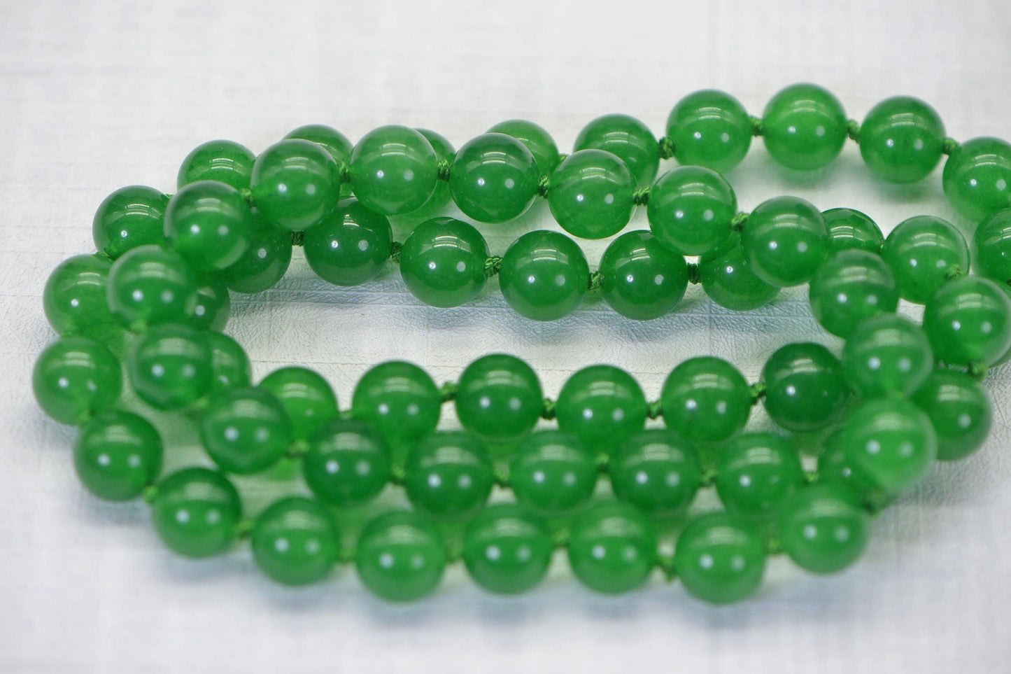 Apple Green Jadeite Knotted Necklace: 10mm Burma Jade, 26 Inch