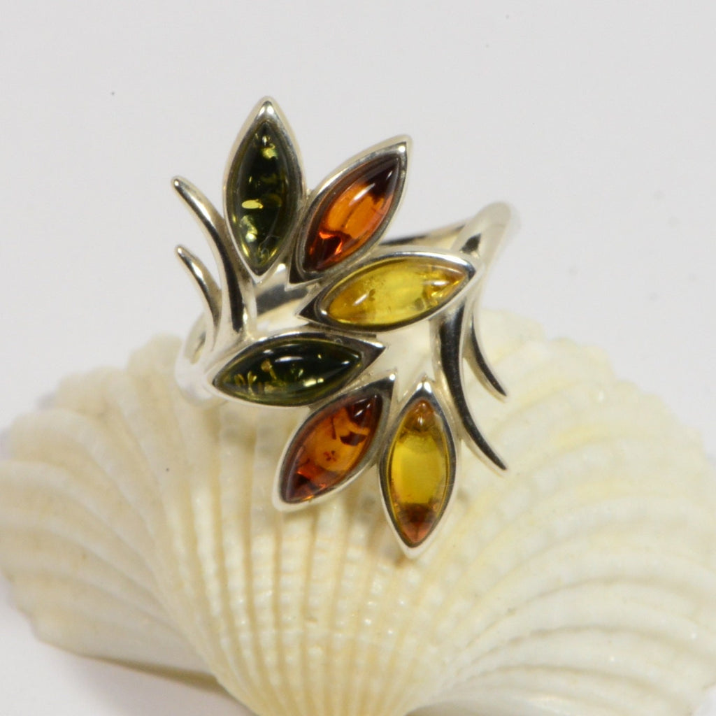 Baltic Amber Sterling Silver Ring - Leaf Marquise Gemstone, Size 9