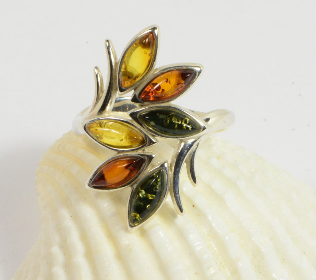 Baltic Amber Sterling Silver Ring - Leaf Marquise Gemstone, Size 9