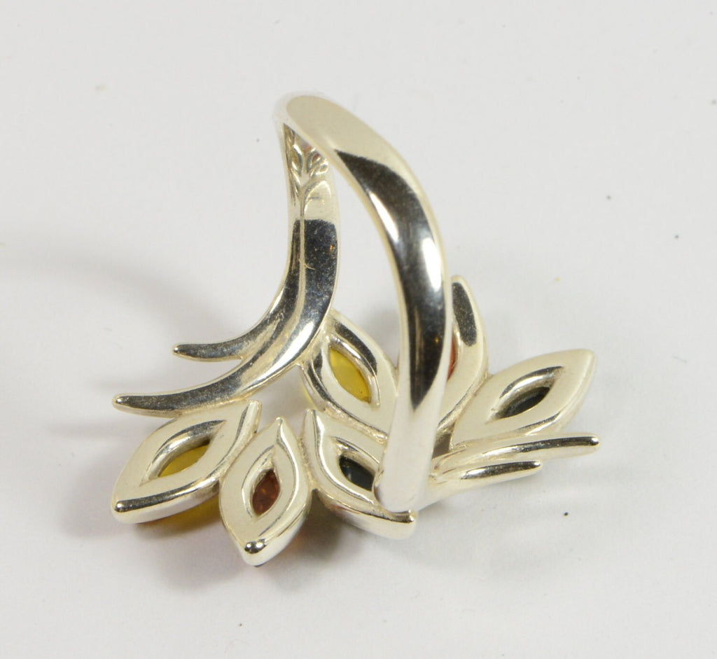 Baltic Amber Sterling Silver Ring - Leaf Marquise Gemstone, Size 9