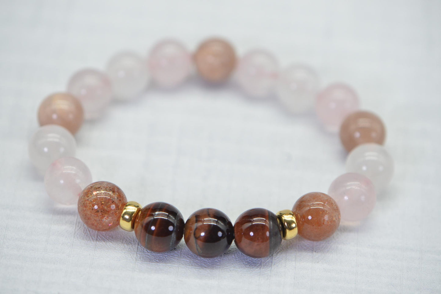 Red Tiger Eye Rose Quartz Bracelet with Moonstone & 14K Gold Beads