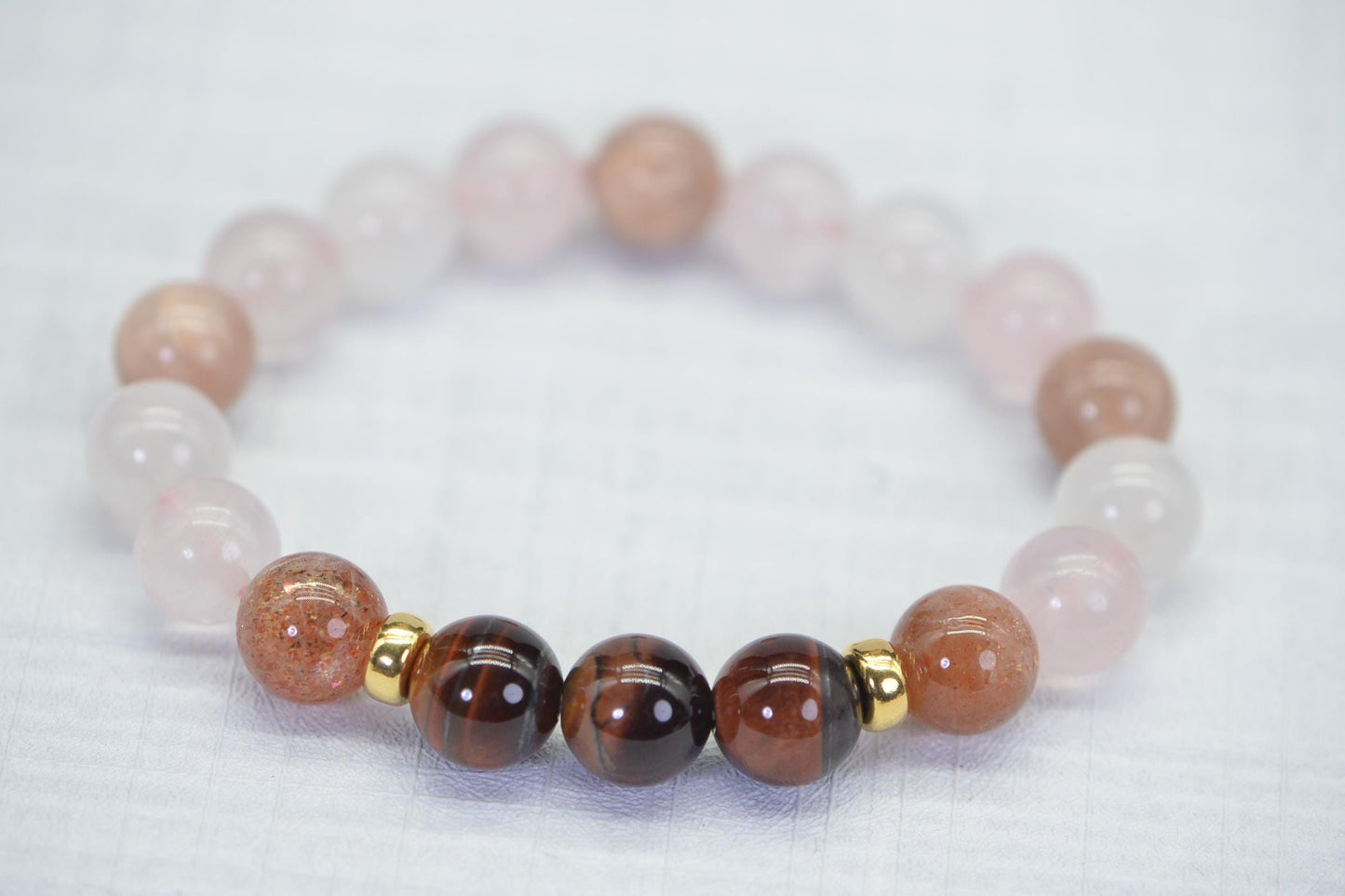 Red Tiger Eye Rose Quartz Bracelet with Moonstone & 14K Gold Beads