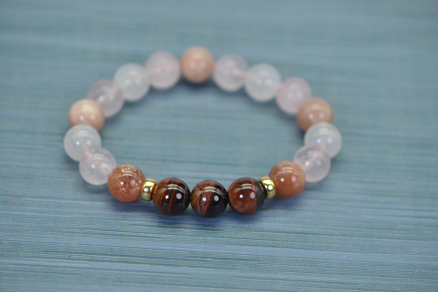 Red Tiger Eye Rose Quartz Bracelet with Moonstone & 14K Gold Beads