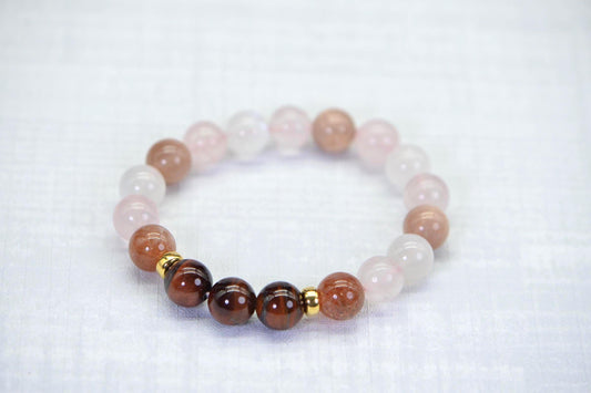Red Tiger Eye Rose Quartz Bracelet with Moonstone & 14K Gold Beads
