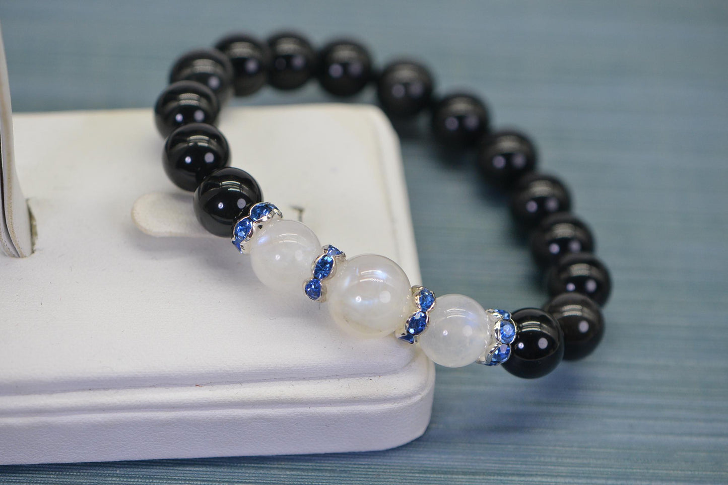 Black Obsidian & Moonstone Bracelet | Blue Crystal Rondelle Accents