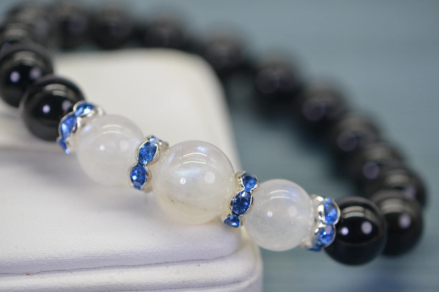 Black Obsidian & Moonstone Bracelet | Blue Crystal Rondelle Accents