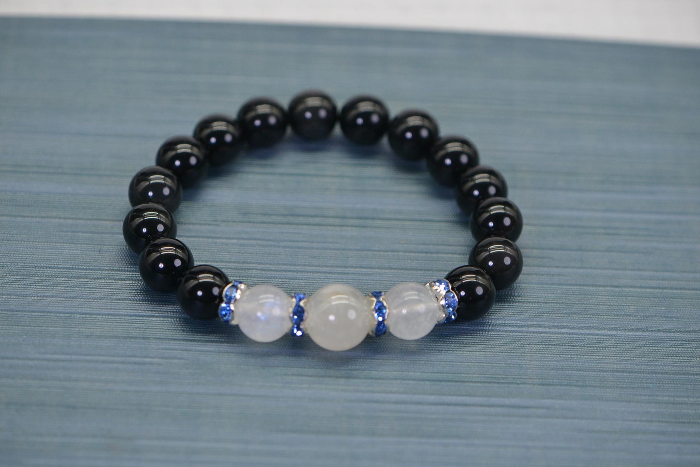 Black Obsidian & Moonstone Bracelet | Blue Crystal Rondelle Accents