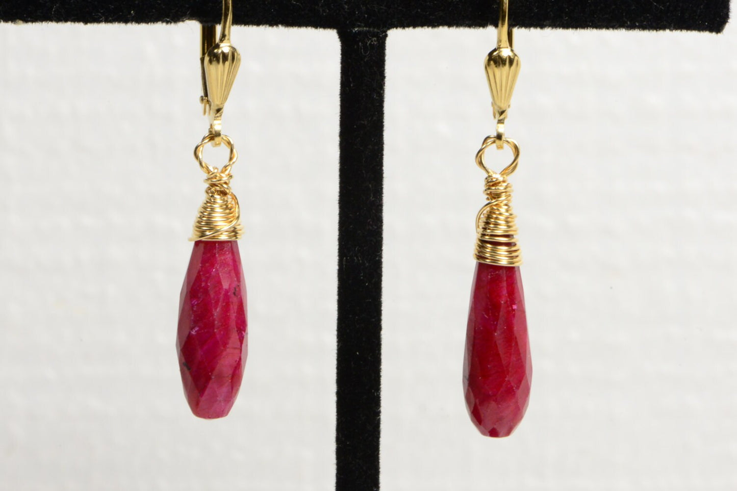 Gold Filled Wire Wrapped Ruby Teardrop Earrings - July Birthstone