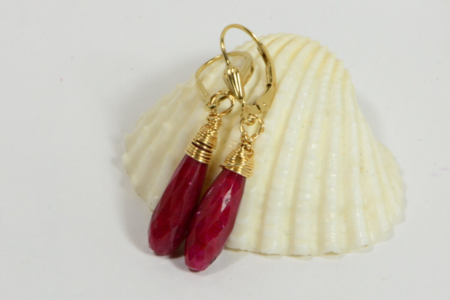 Gold Filled Wire Wrapped Ruby Teardrop Earrings - July Birthstone