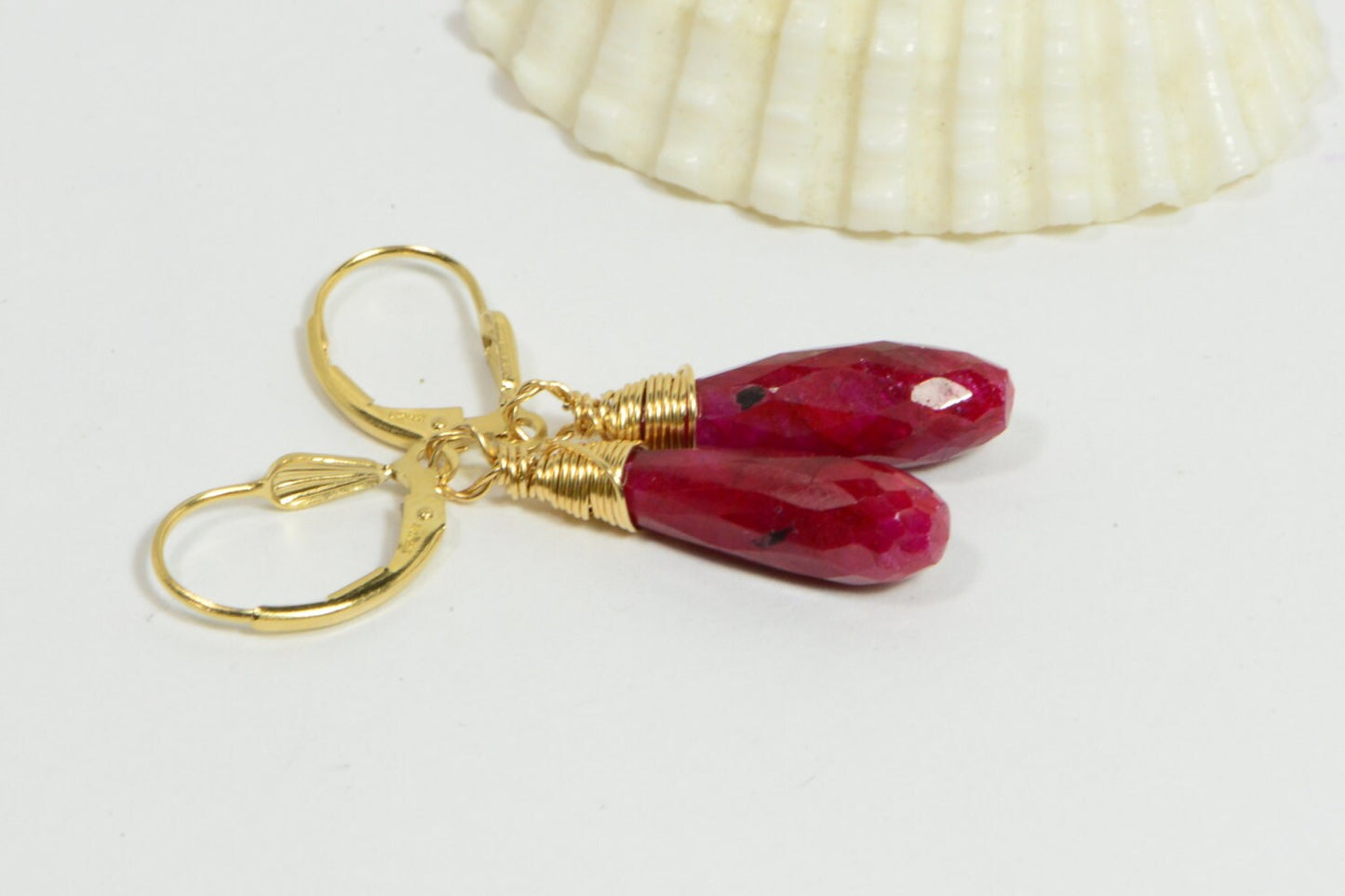 Gold Filled Wire Wrapped Ruby Teardrop Earrings - July Birthstone